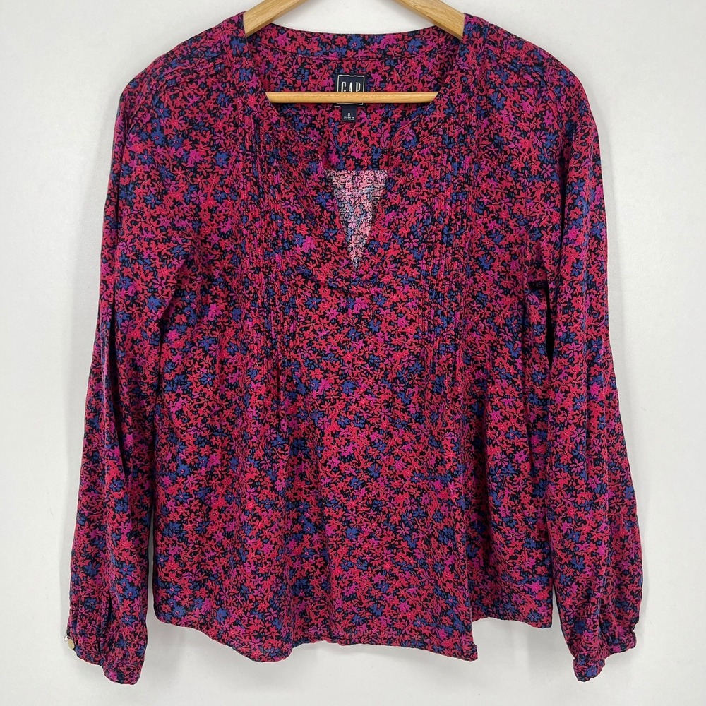 GAP Womens Pink Purple Floral Split Neck Pleated‎ Long Sleeve Blouse Small